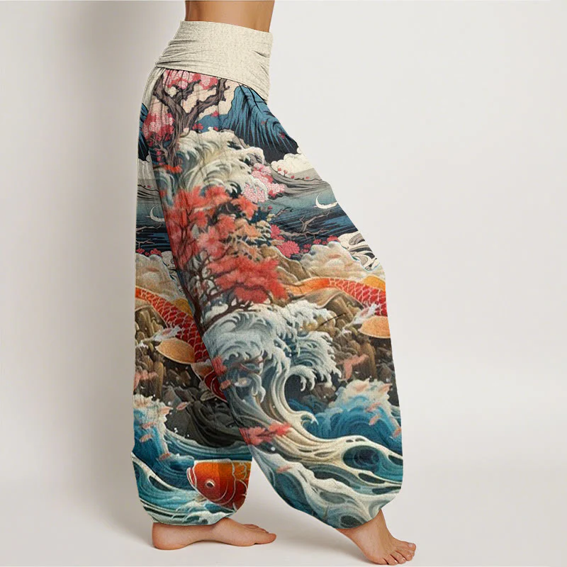 Buddha Stones Casual Blossoming Tree Koi Fish Wave Mountain Pattern Women's Elastic Waist Harem Pants