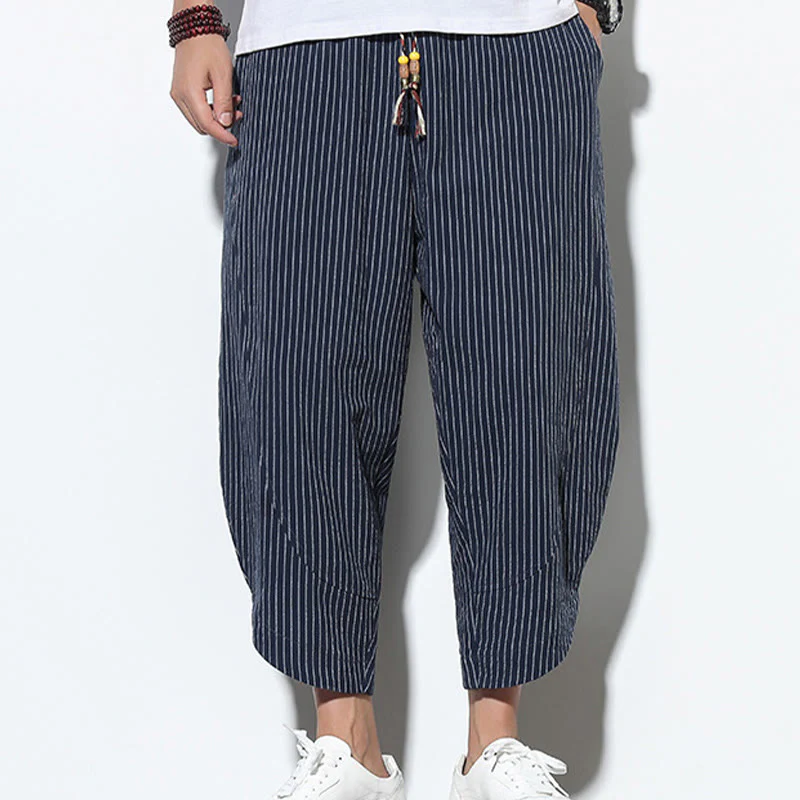 Buddha Stones Summer Stripes Pattern Drawstring Cotton Linen Men's 7-8 Length Harem Pants With Pockets