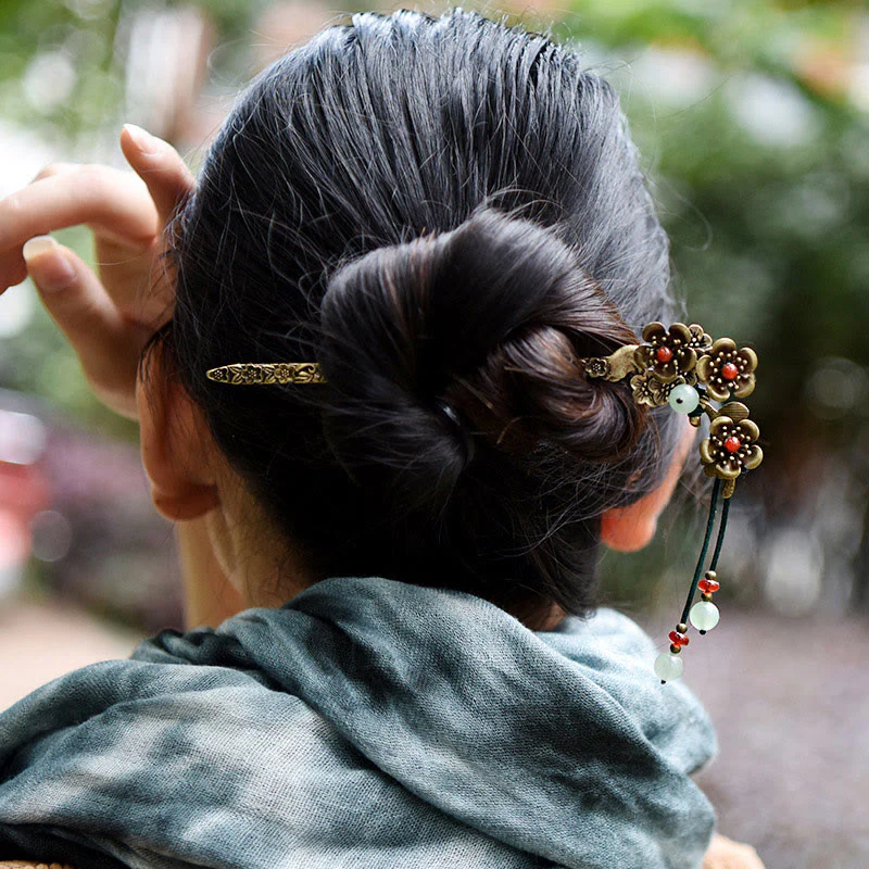 Buddha Stones Green Aventurine Red Agate Alloy Flowers Soothing Hairpin