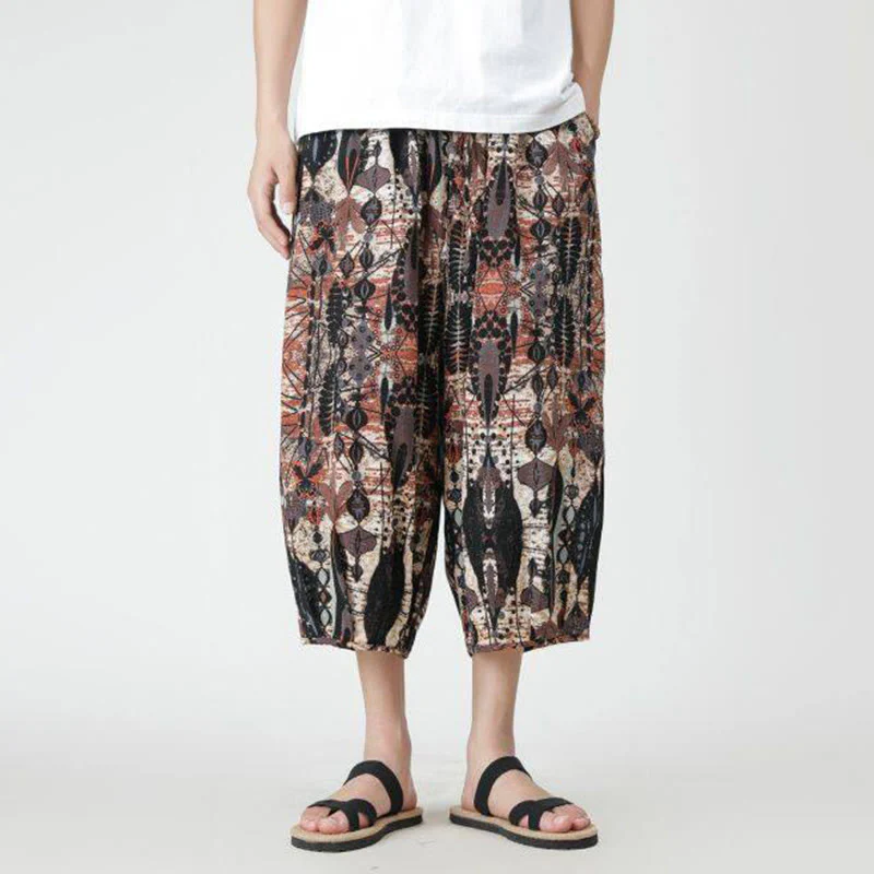 Buddha Stones Summer Square Patchwork Elephant Mandala Geometry Cotton Linen Men's 7-8 Length Pants With Pockets