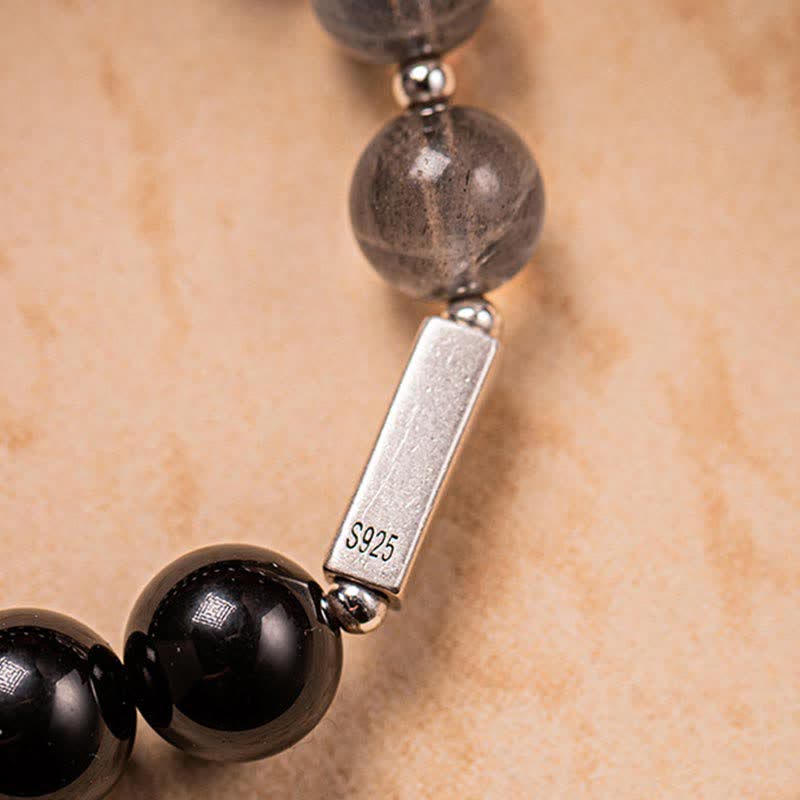 Buddha Stones 925 Sterling Silver Obsidian Moonstone Strength Couple Bracelet