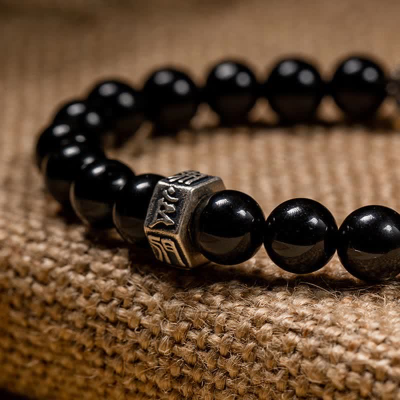 Buddha Stones Chinese Zodiac Natal Buddha 925 Sterling Silver Black Obsidian Moonstone Strength Bracelet