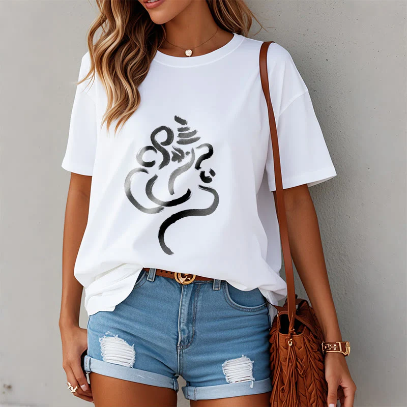 Buddha Stones Casual Ganesha Pattern Cotton Tee T-shirt