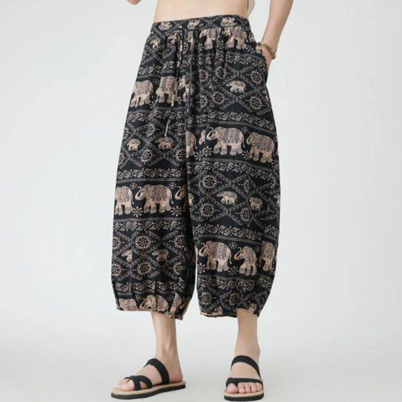 Buddha Stones Summer Square Patchwork Elephant Mandala Geometry Cotton Linen Men's 7-8 Length Pants With Pockets