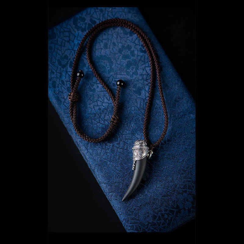 Buddha Stones 925 Sterling Silver Black Obsidian Wolf Tooth Pattern Strength Necklace Pendant
