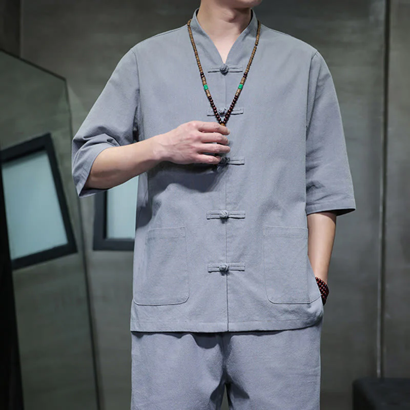 Buddha Stones 2Pcs Tang Suit Frog-Button Design Shirt Pants With Pockets Men's Cotton Linen Meditation Cloth Set