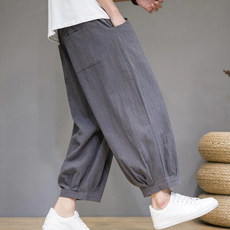 Buddha Stones Casual Plain Men's Cotton 7-8 Length Harem Pants With Pockets