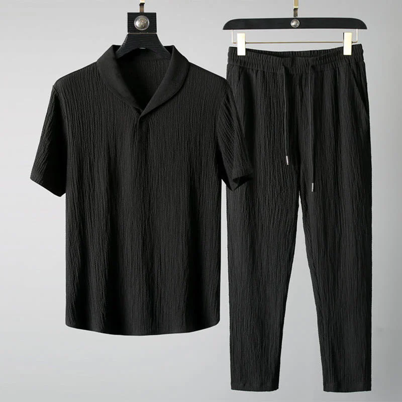 Buddha Stones 2Pcs Solid Color Wrinkle V-Neck Short Sleeve T-shirt Pants Clothing Men's Set