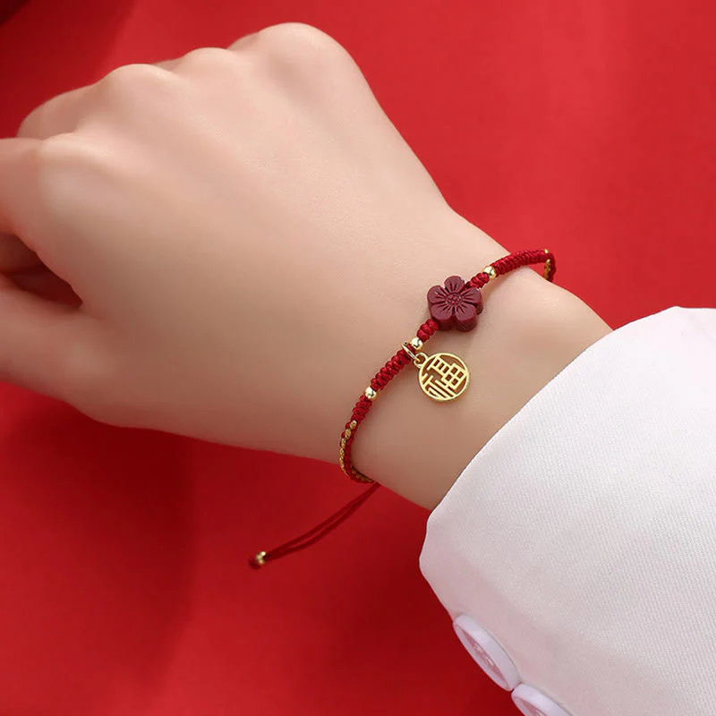 Buddha Stones Cinnabar Flower Fu Character Blessing Braided String Bracelet