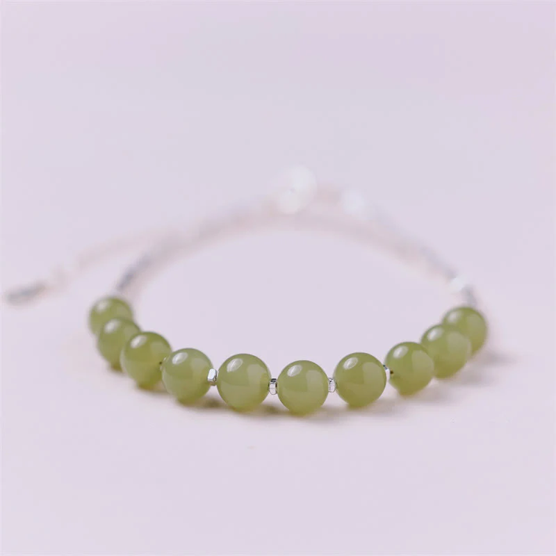 Buddha Stones 925 Sterling Silver Hetian Jade Bead Luck Chain Bracelet