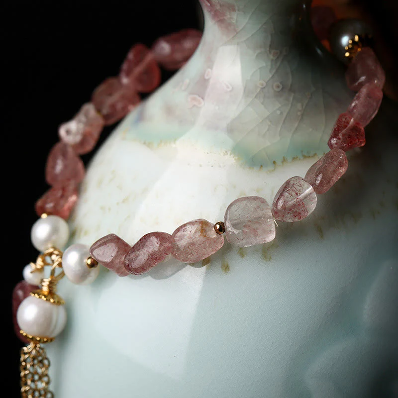 Buddha Stones Natural Strawberry Quartz Pearl 14k Gold Plated Love Healing Bracelet