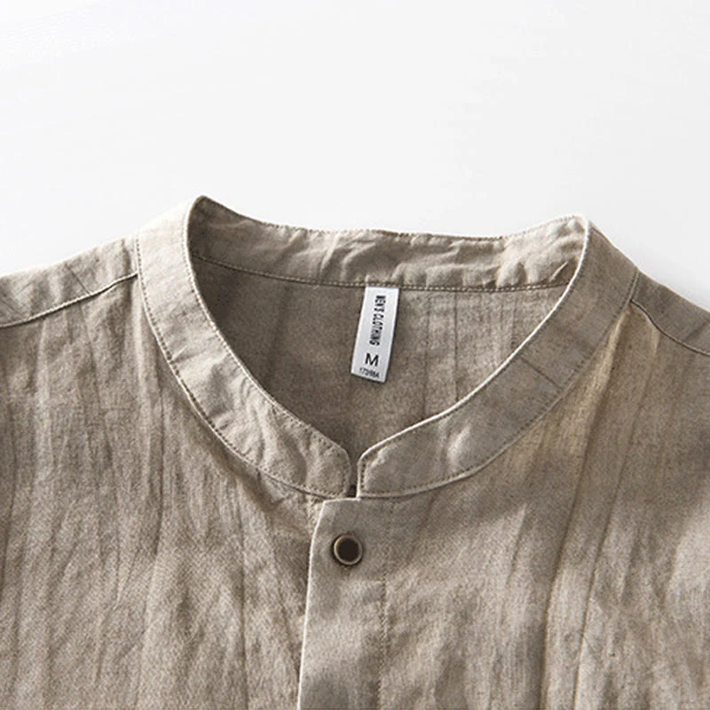 Buddha Stones Summer Buttons Short Sleeve Ramie Linen Cotton Men's Shirt