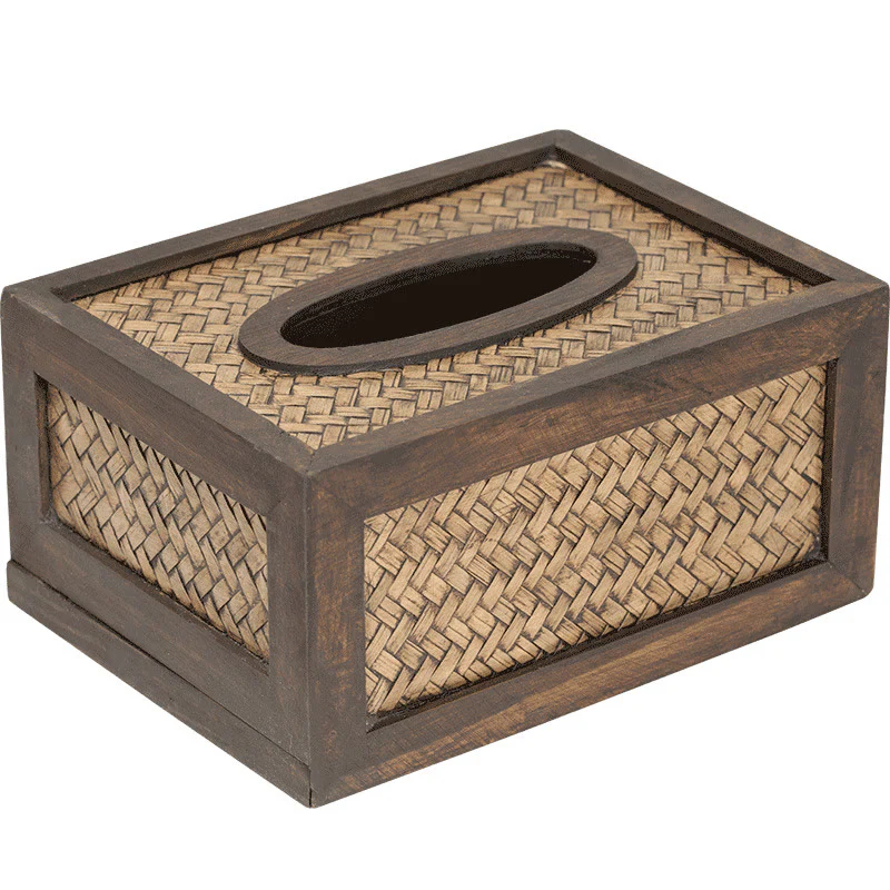 Buddha Stones Handmade Bamboo Woven Wood Tissue Box Wooden Tissue Holder Wipes Boxes Decoration
