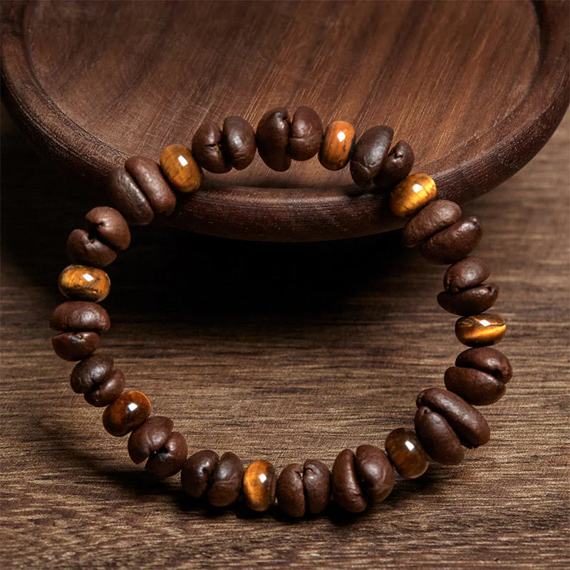 Buddha Stones Natural Coffee Beans Tiger Eye Grey Jasper Lava Rock Beads Bracelet