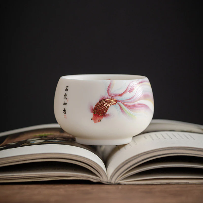 Buddha Stones Koi Fish White Porcelain Ceramic Teacup Kung Fu Tea Cup