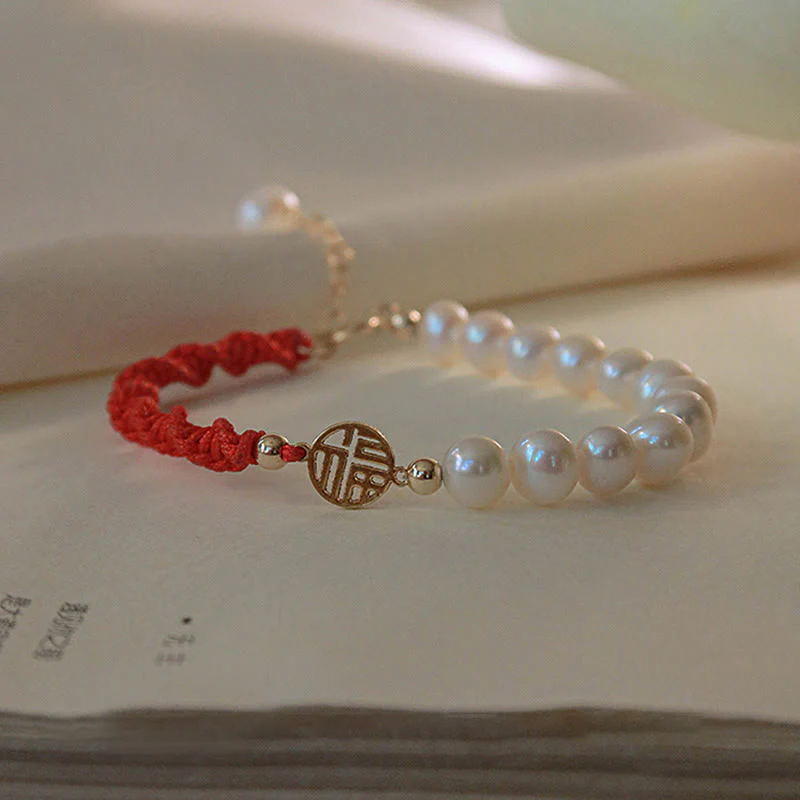 Buddha Stones 14K Gold Plated Pearl Bead Luck Protection Braid Red String Bracelet