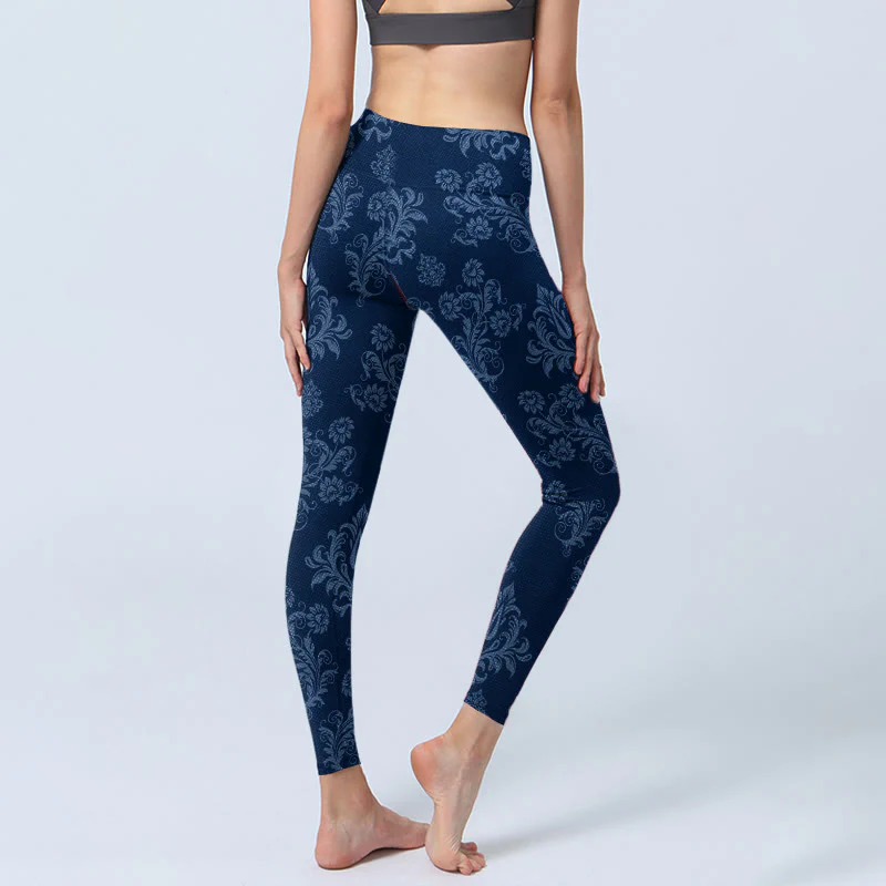 Buddha Stones Blue Floral Leaf Print Gym Leggings Women's Yoga Pants