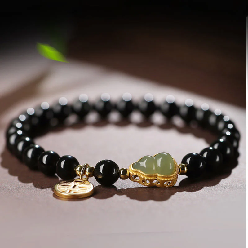 Buddha Stones Natural Black Obsidian Hetian Jade Gourd Double Happiness Strength Bracelet