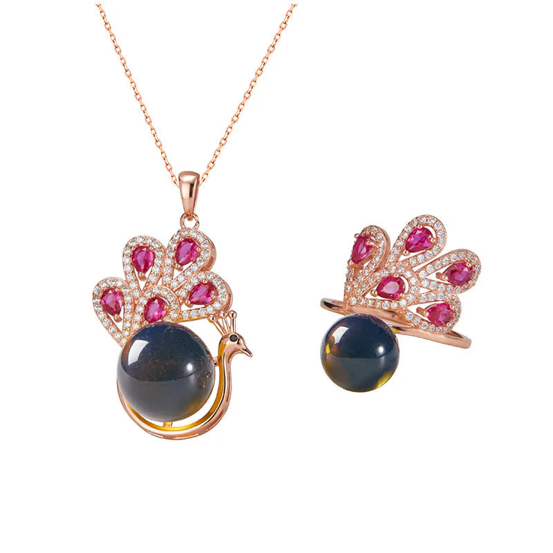 Buddha Stones Peacock Amber Fortune Love Necklace Pendant Ring