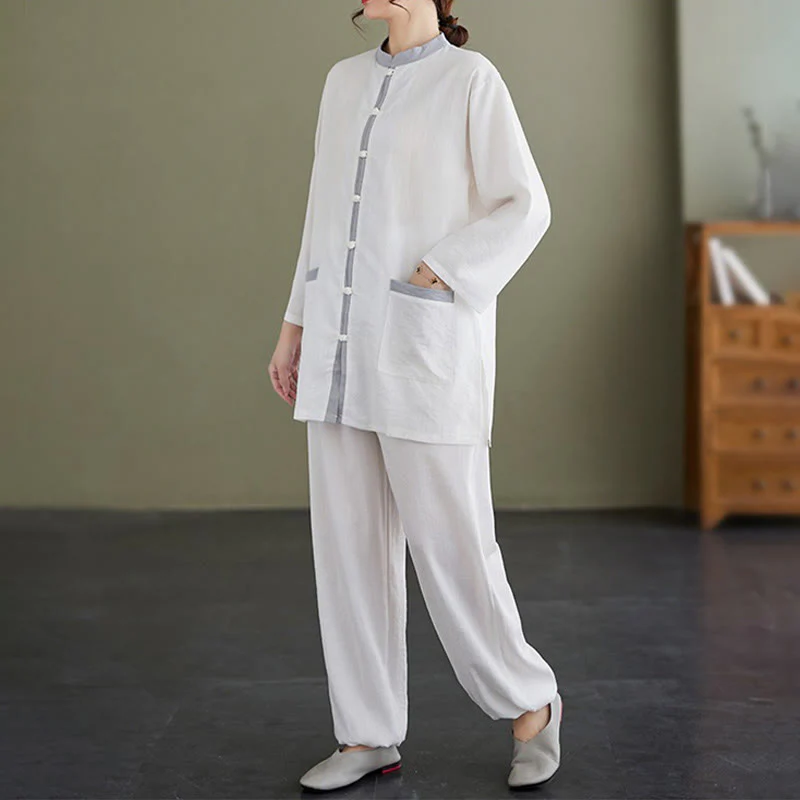 Buddha Stones 2pcs Cotton Tai Chi Shirt Top Pants Meditation Zen Clothing Women's Set