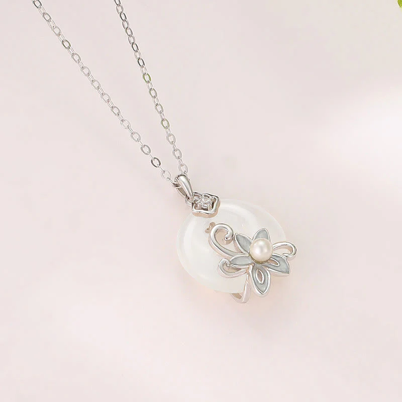 Buddha Stones Chalcedony Peace Buckle 999 Sterling Silver Lotus Positive Necklace Pendant