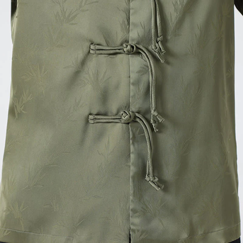 Buddha Stones Spring Jacquard Bamboo Leaves Pattern Chinese Frog-Button Design Men's Long Sleeve Shirt