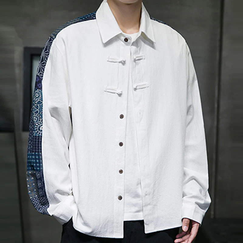 Buddha Stones Men's Flower Pattern Stitching Cotton Blend Long Sleeve Shirt