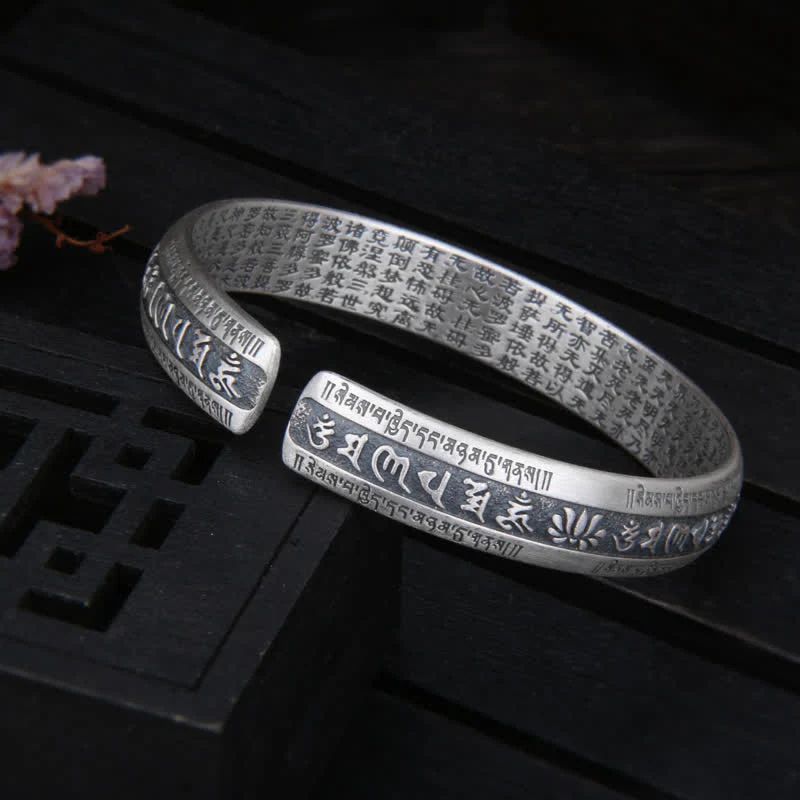 Buddha Stones 999 Sterling Silver Om Mani Padme Hum Heart Sutra Lotus Peace Bracelet Bangle