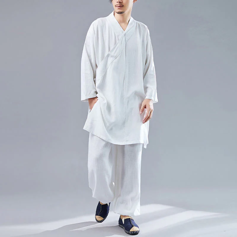 Buddha Stones 2Pcs V-Neck Men's Long Sleeve Shirt Top Pants Meditation Zen Tai Chi Cotton Linen Clothing Set