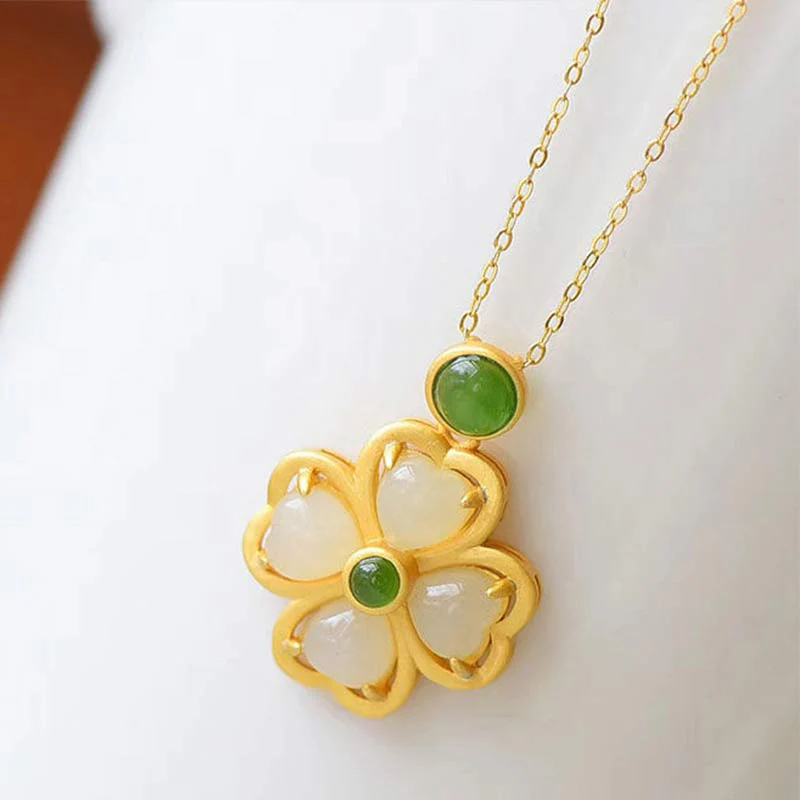 Buddha Stones 925 Sterling Silver Lucky Four Leaf Clover Jade Prosperity Necklace Chain Pendant