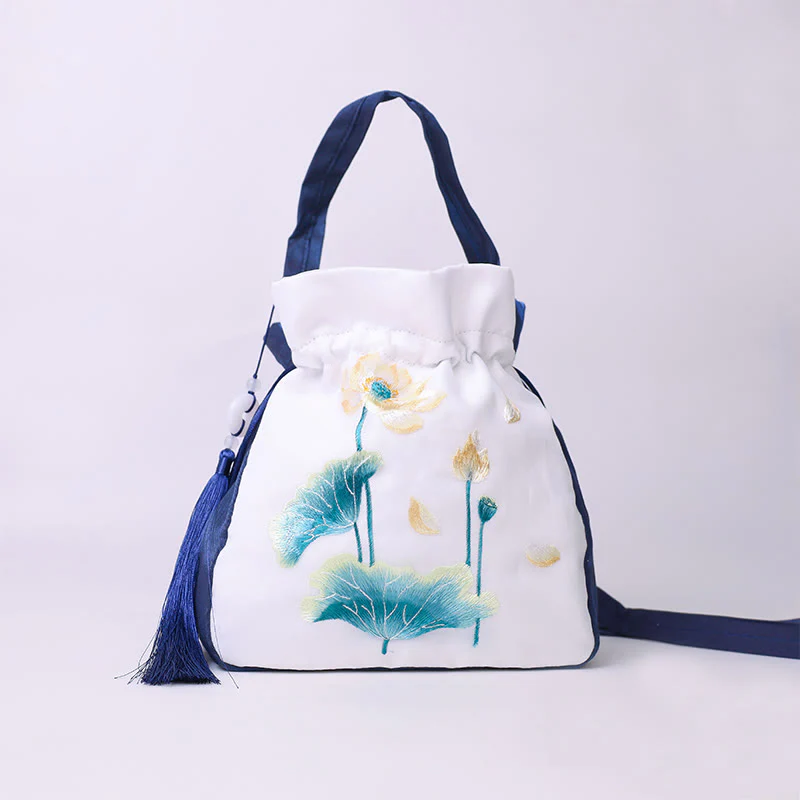 Buddha Stones Suzhou Embroidery Rabbit Lotus Epiphyllum Peony Magnolia Silk Tote Crossbody Bag Shoulder Bag Handbag