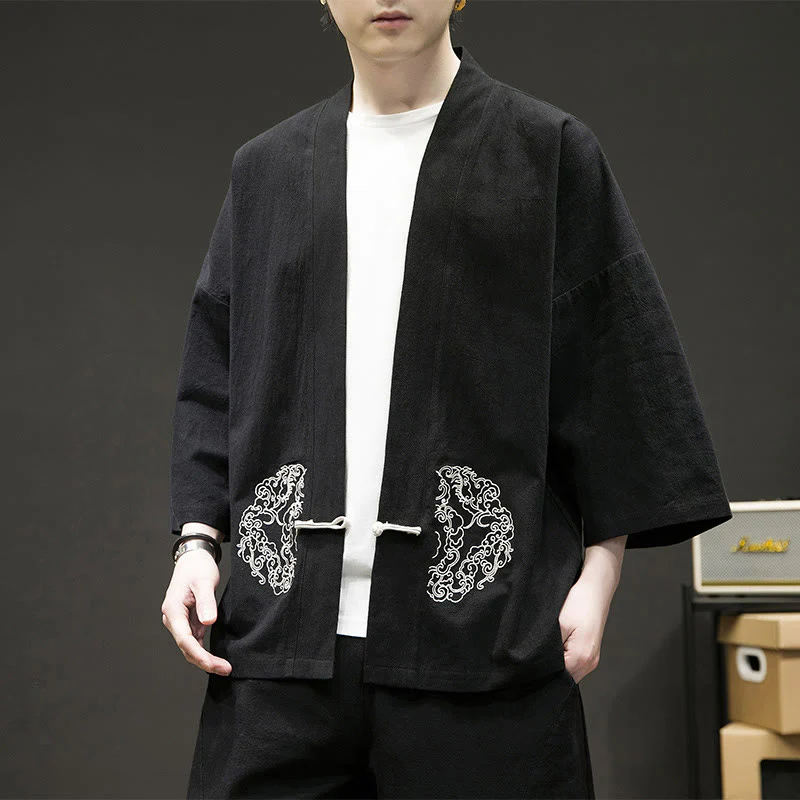 Buddha Stones Chinese Frog-Button Design Open Front Jacket Men's Cotton Linen Kimono