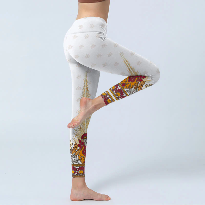 Buddha Stones White Abstract Lotus Flower Print Gym Leggings Women's Yoga Pants