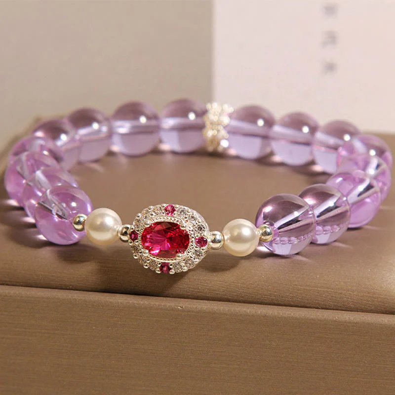 Buddha Stones Natural Amethyst Pearl Red Zircon Balance Bracelet