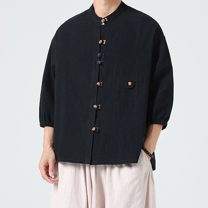 Buddha Stones Summer Frog-Button Front Stand Collar Men's Three Quarter Sleeve Cotton Shirt Cardigan With Pocket