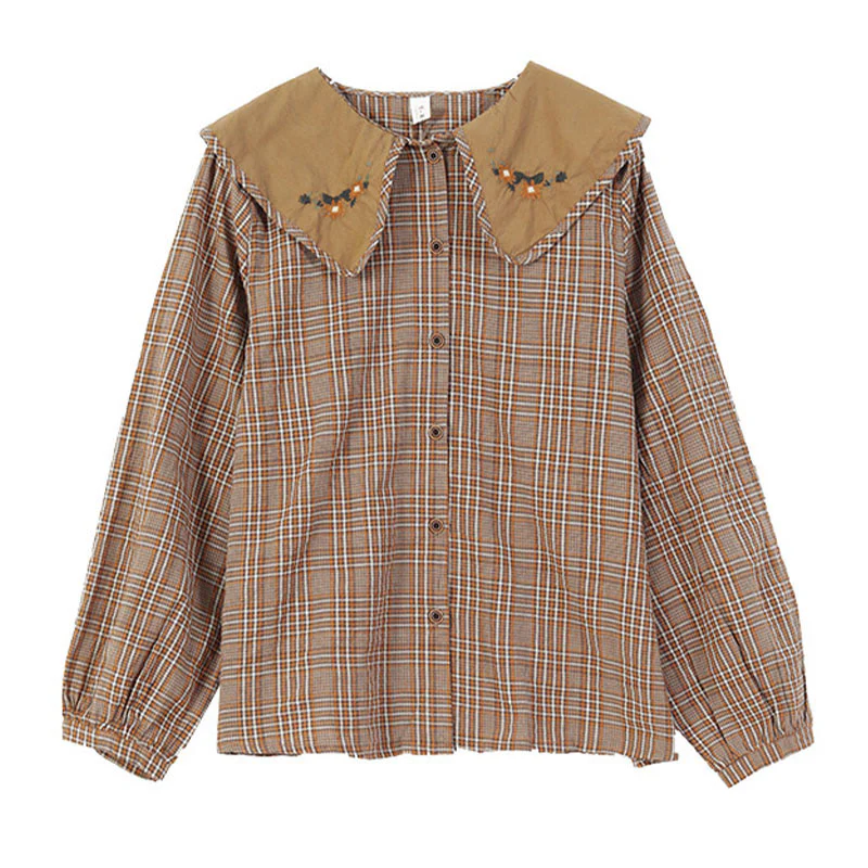 Buddha Stones Embroidered Plaid Pattern Cotton Women's Shirt