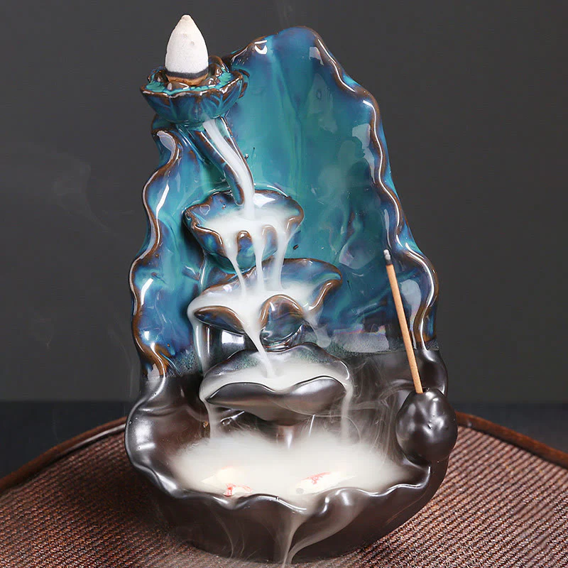 Buddha Stones Blue Lotus Leaf Ceramic Backflow Smoke Fountain Spiritual Incense Burner Decoration