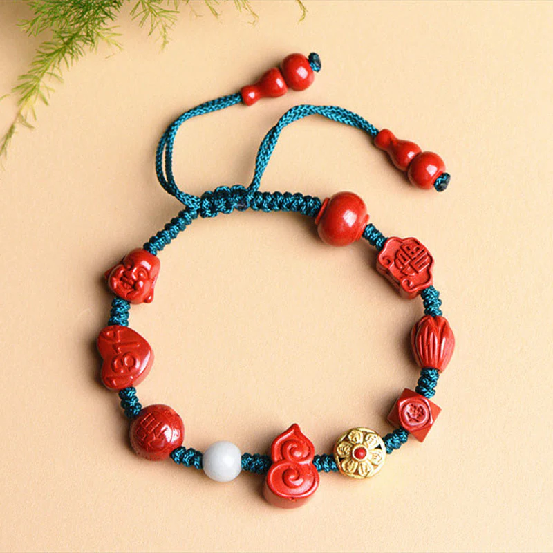 Buddha Stones Natural Cinnabar Gourd Om Mani Padme Hum Laughing Buddha Blessing String Bracelet