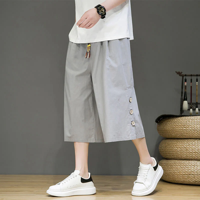Buddha Stones Casual Plain Side Button Design Drawstring Men's Cotton Cropped Pants With Pockets