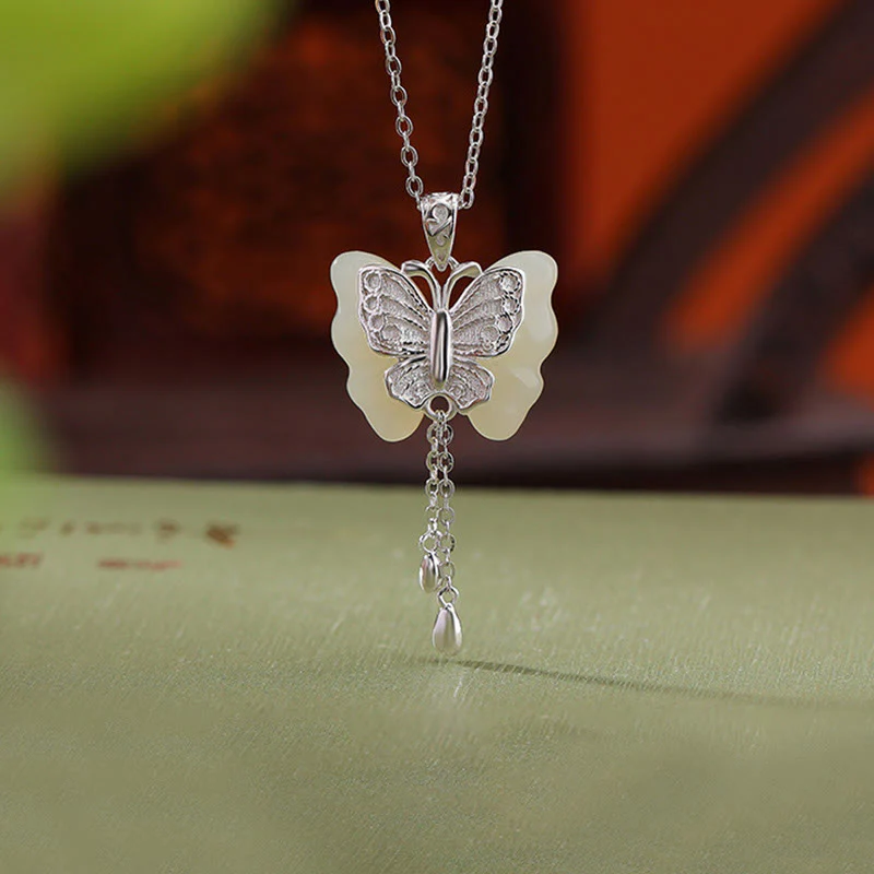 Buddha Stones 925 Sterling Silver Plated Gold Hetian White Jade Butterfly Blessing Necklace Pendant