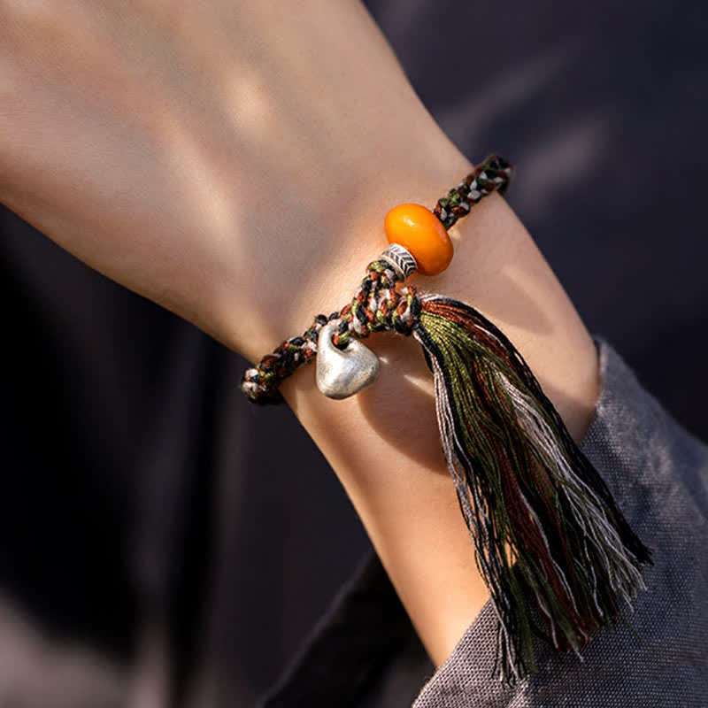 Buddha Stones 990 Sterling Silver Tibetan Handmade Amber Steelyard Weight Wish Protection Bracelet