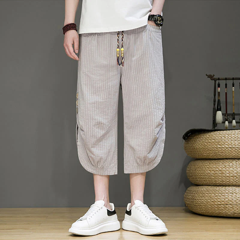 Buddha Stones Casual White Stripes Pattern Drawstring Button Design Men's Cotton Cropped Harem Pants With Pockets