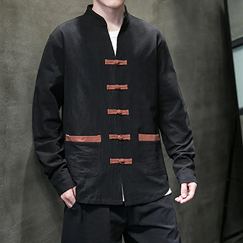 Buddha Stones Men's Stand Collar Frog-button Cotton Linen Long Sleeve Shirt With Pockets