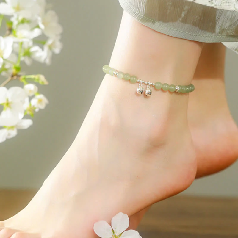 Buddha Stones 925 Sterling Silver Natural Hetian Jade Prosperity Bell Charm Anklet