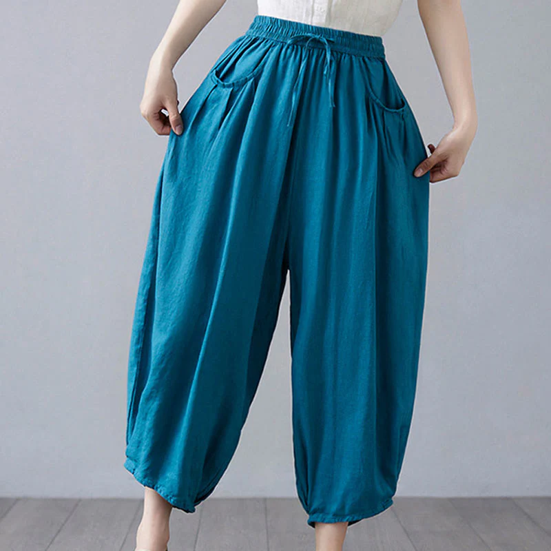 Buddha Stones Summer Plain Cropped Pants Women's Cotton Linen Harem Pants With Pockets