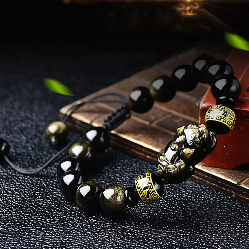 Buddha Stones Natural Gold Sheen Obsidian PiXiu Om Mani Padme Hum Wealth Braided Bracelet