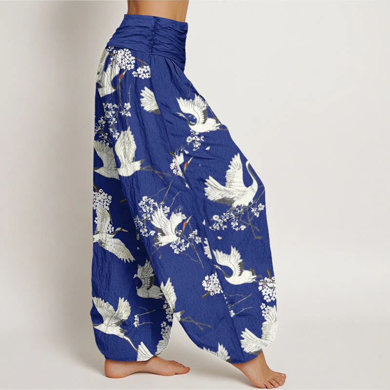 Buddha Stones Casual Elegant Crane Flower Pattern Women's Elastic Waist Harem Pants