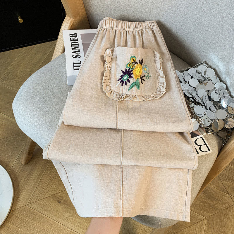 Buddha Stones Casual Beige Embroidery Women's Wide Leg Cotton Linen Pants With Pockets