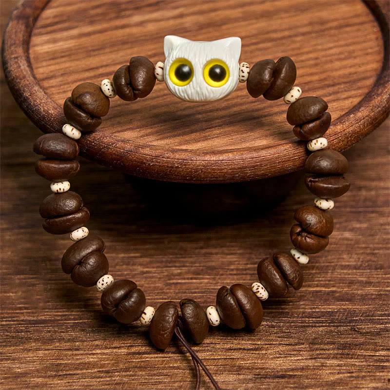 Buddha Stones Handmade Natural Coffee Beans Cat Head Bodhi Seed Claw Paw Peace Bracelet