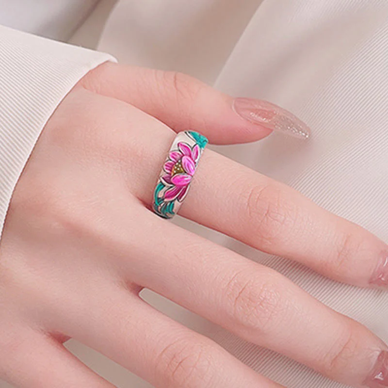 Buddha Stones 925 Sterling Silver Lotus Flower Heart Sutra Enlightenment Ring